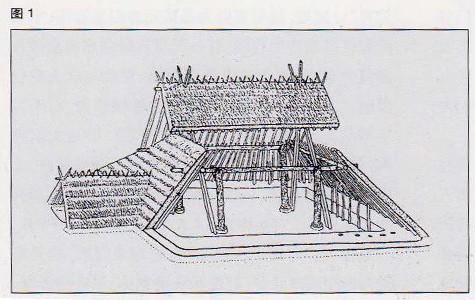 陕西西安市半坡村原始社会大方屋和圆形住房的复原想象图